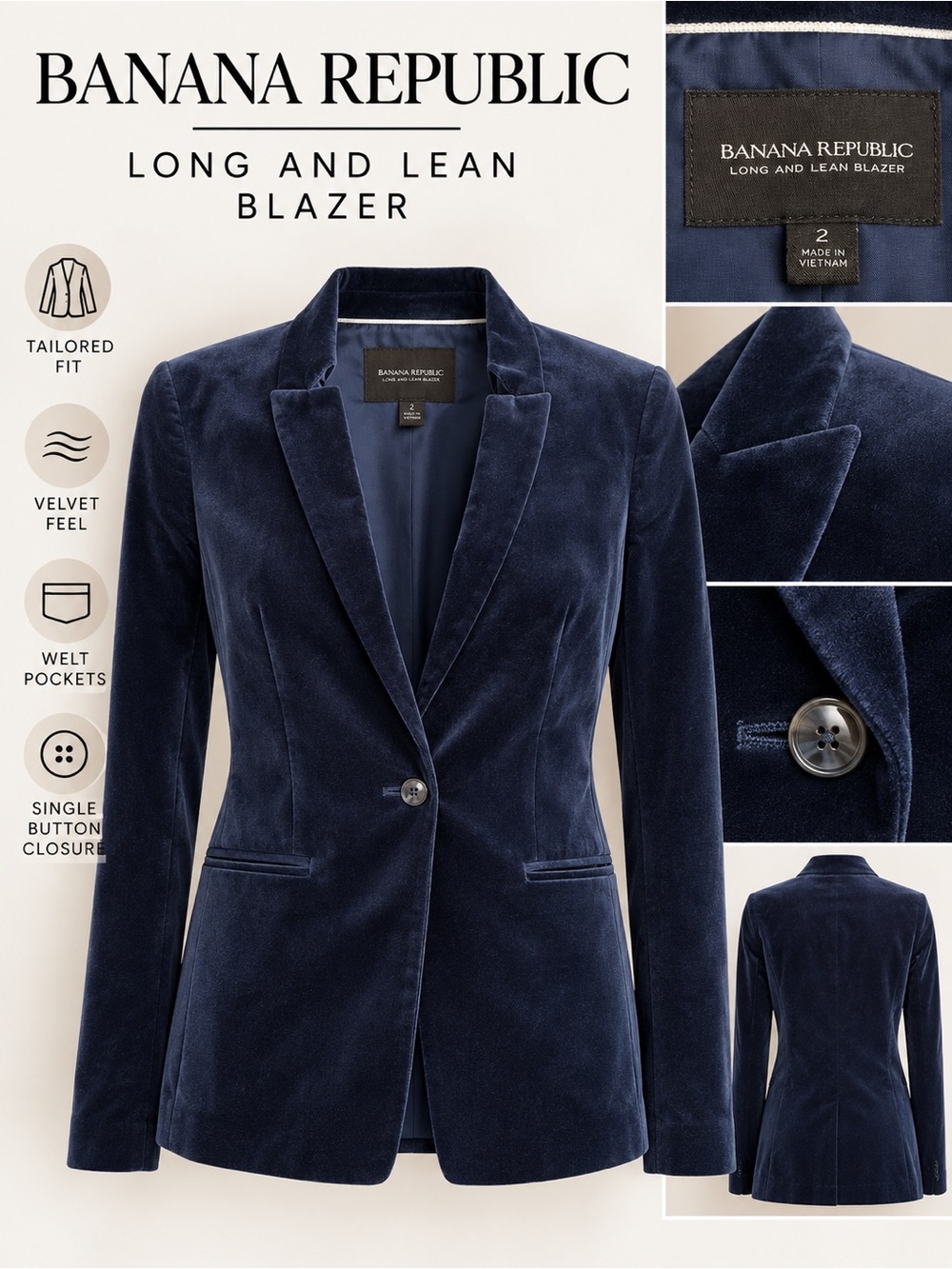 Banana Republic Long and Lean Velvet Blazer Navy Blue Size 2